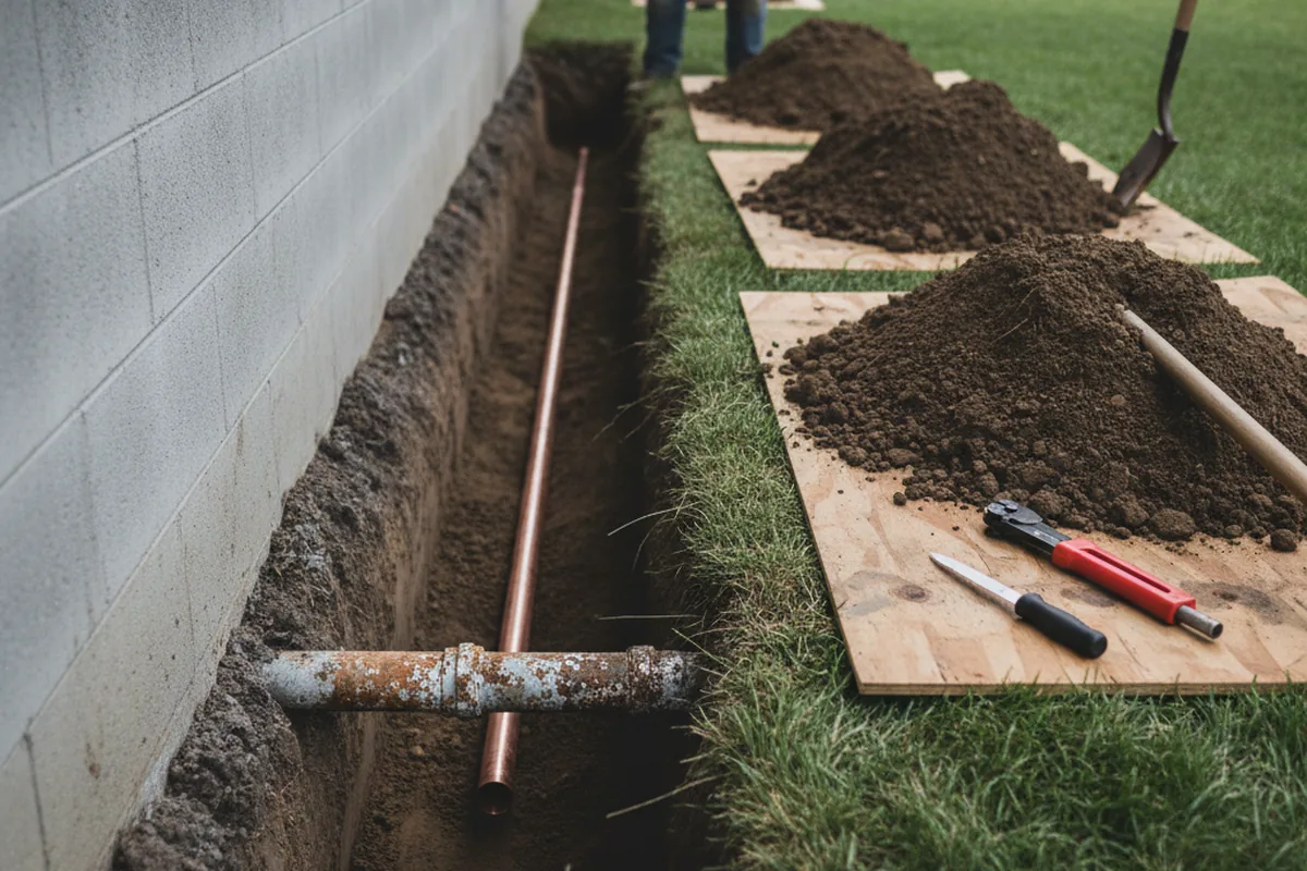 Excavated water line trench during Water Softener Installation in Sharon